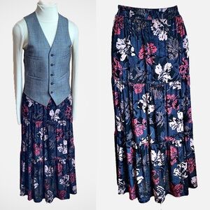 PAPILLON Black Floral Velvet Tiered Maxi Skirt Size S